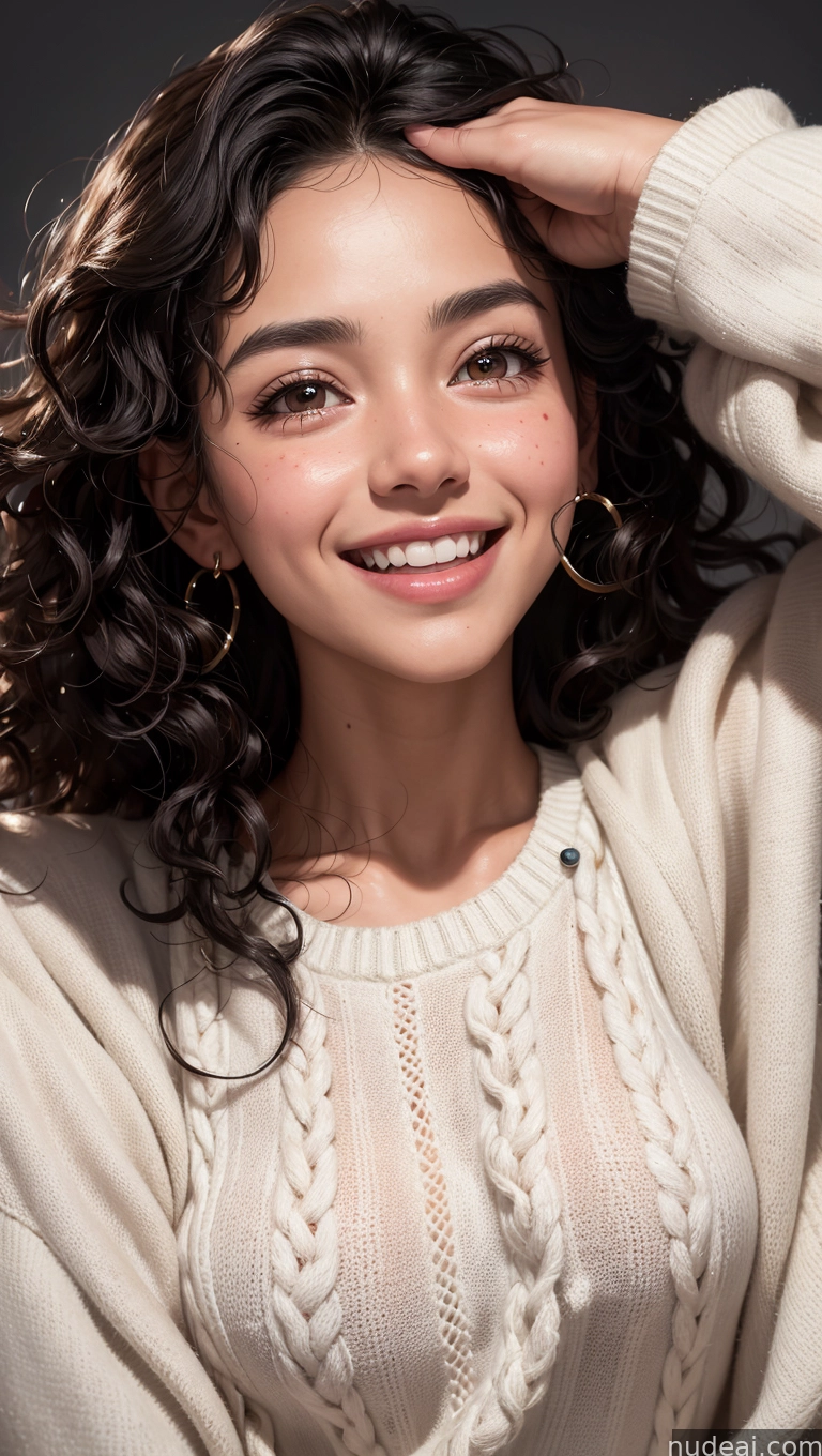 arafed woman with curly hair and a sweater posing for a picture