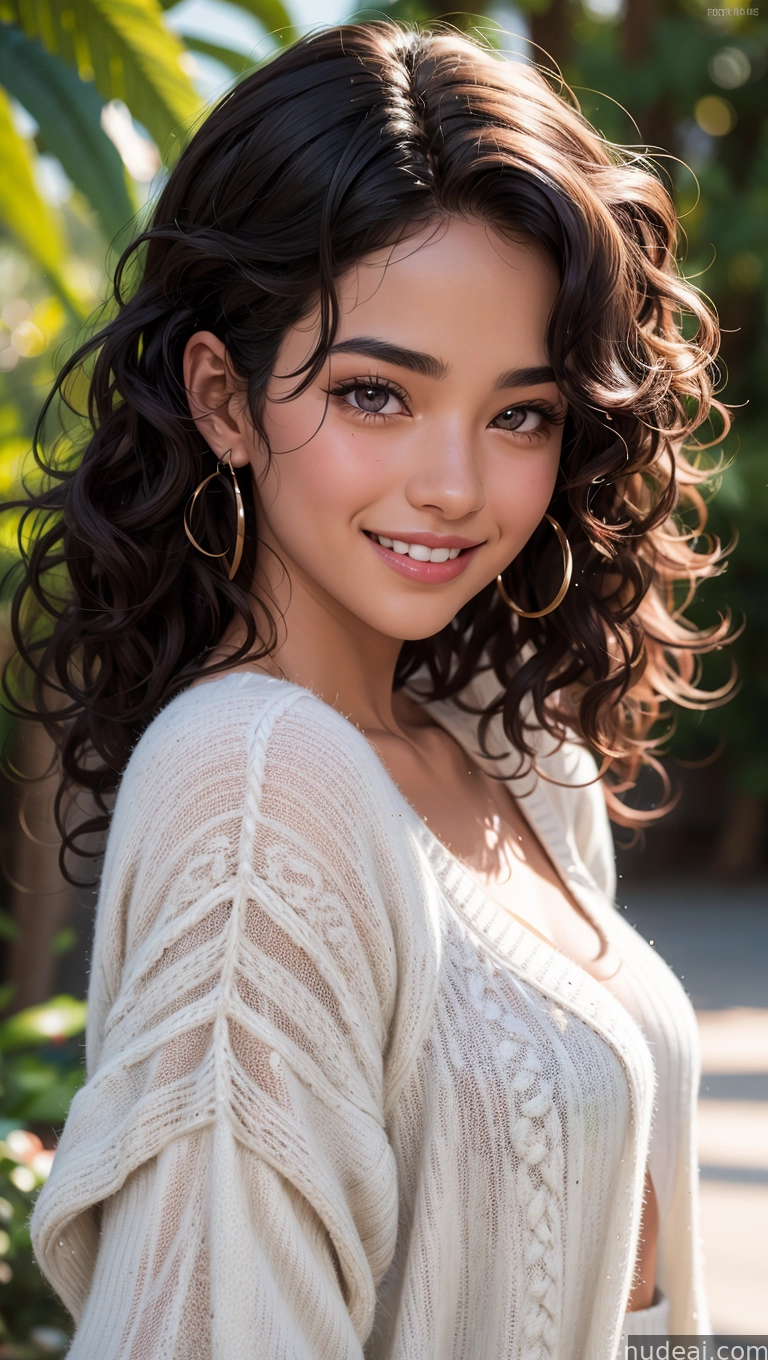 arafed woman with curly hair and a white sweater posing for a picture