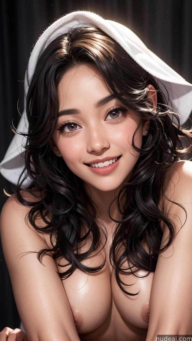 arafed asian woman with a towel on her head posing naked