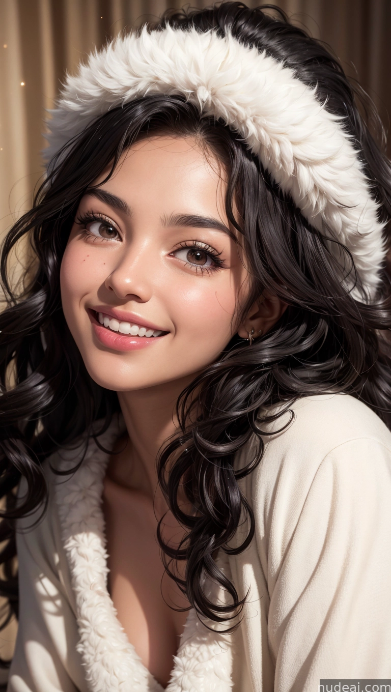 araffe woman with long black hair wearing a white hat and smiling