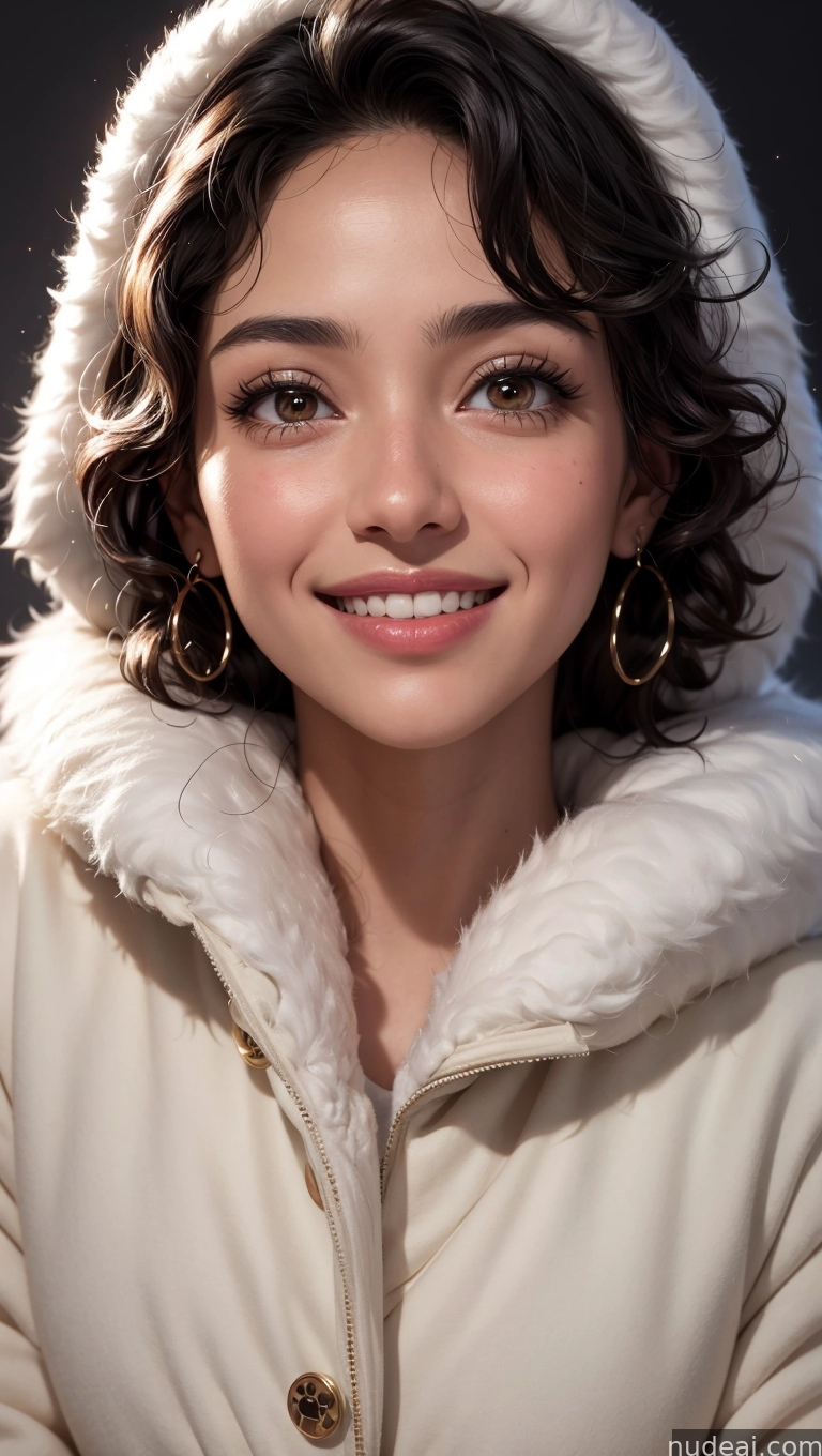 arafed woman in a white jacket and a white hat