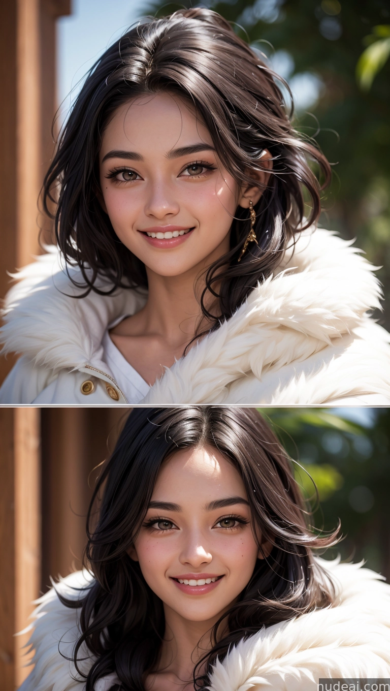 a close up of a woman with a fur coat and a smile