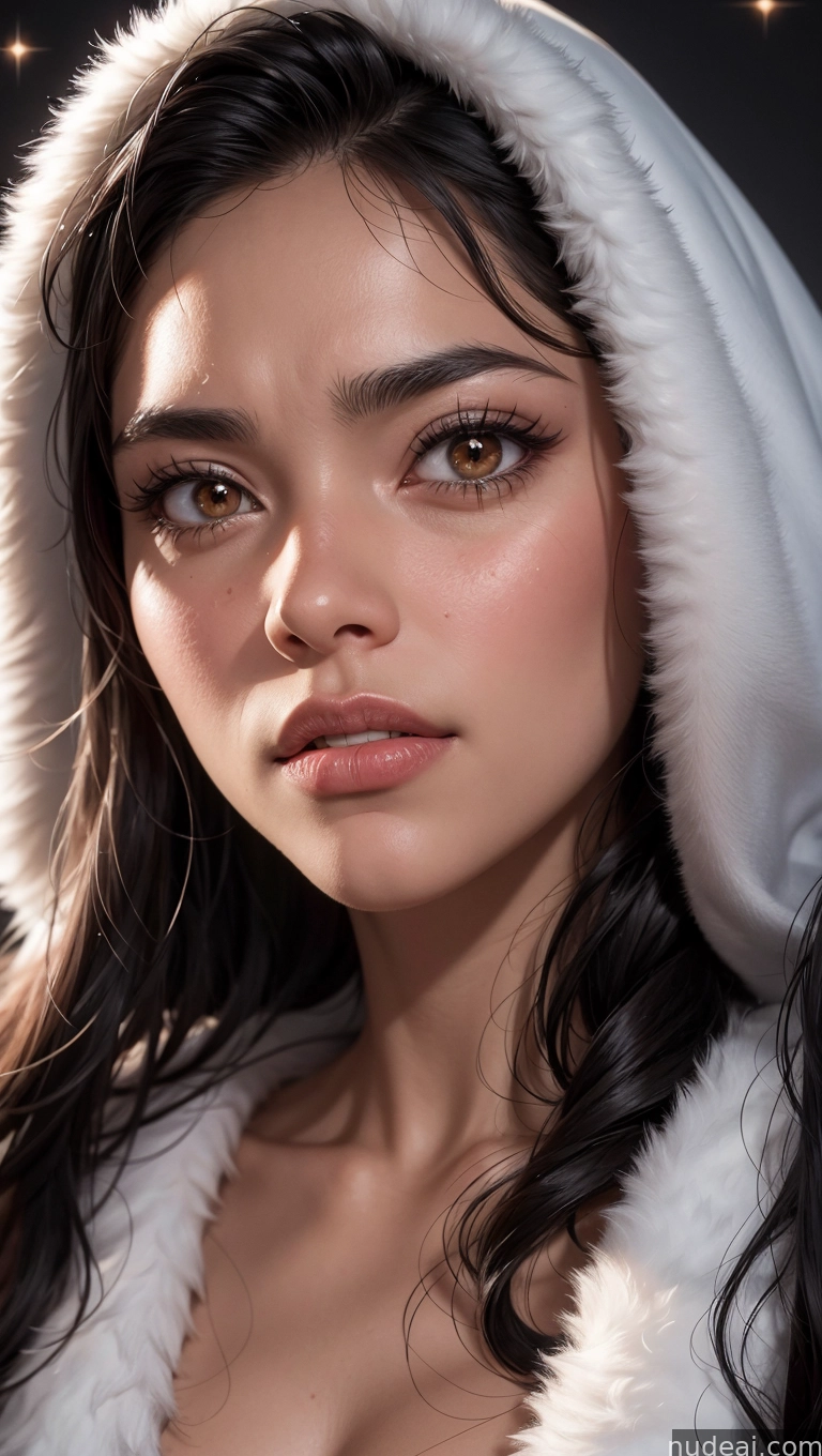 arafed woman in a white hood and fur coat posing for a picture