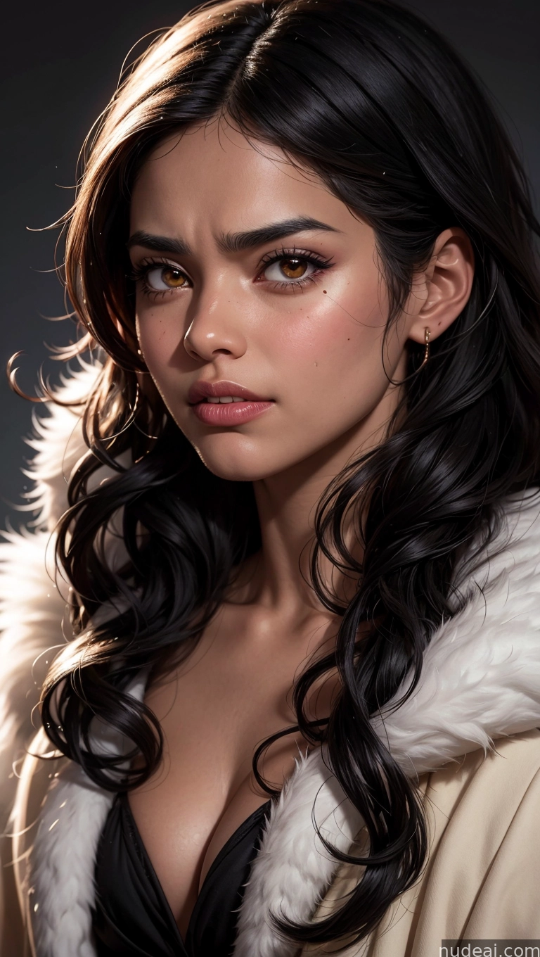 arafed woman with long black hair and a white fur coat