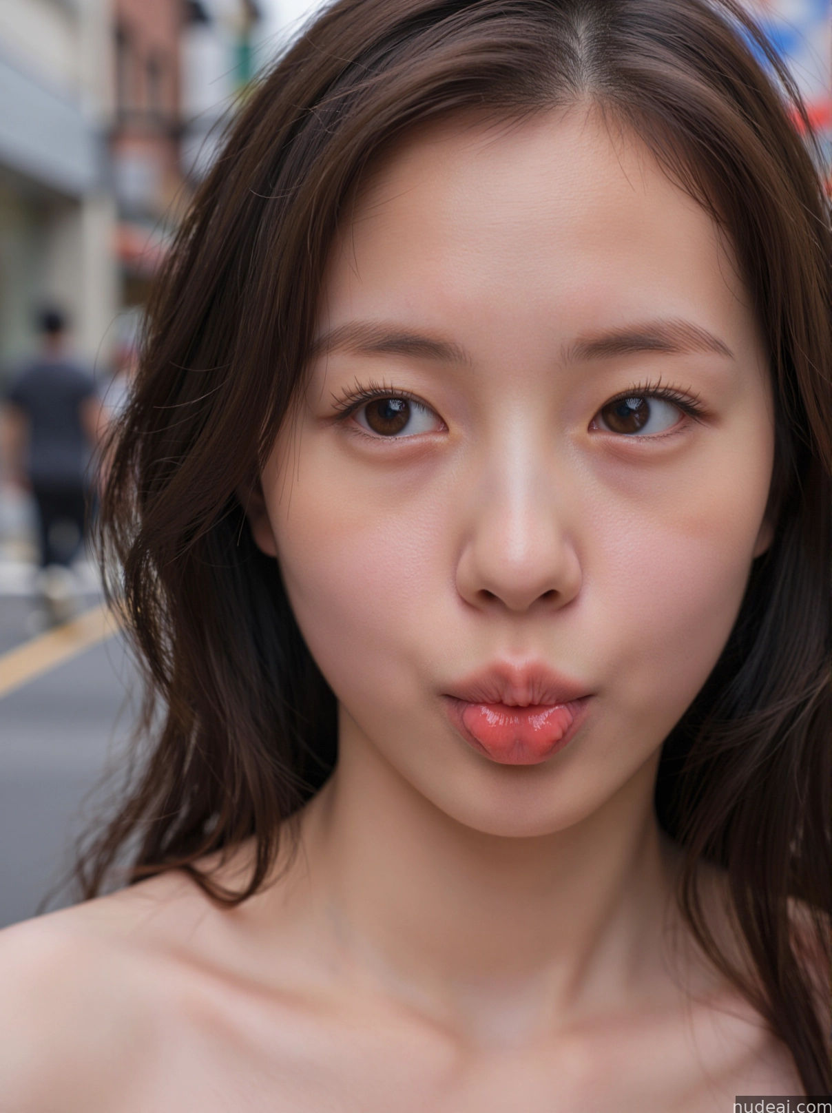 arafed asian woman with a pink lip and a black dress