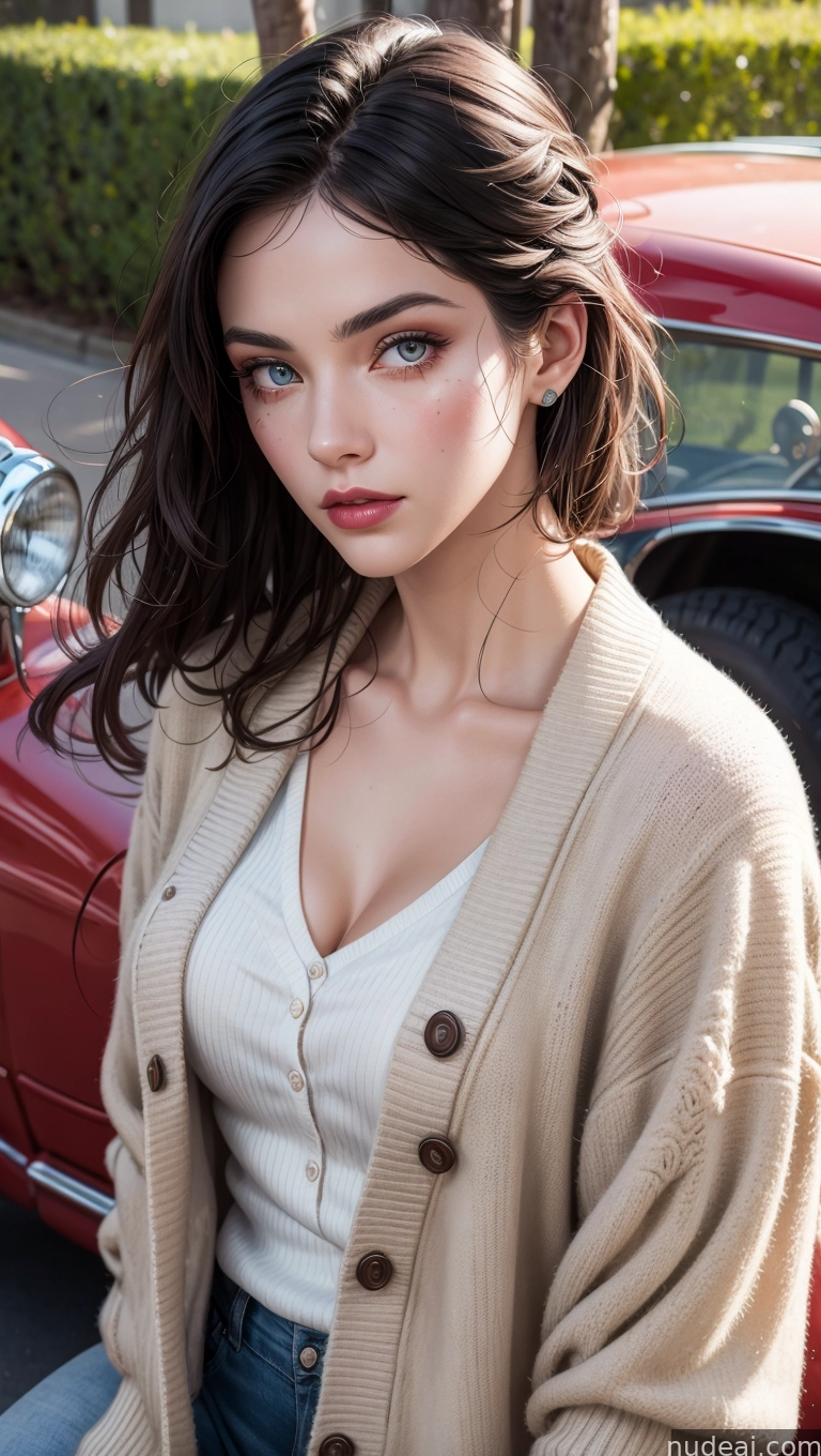 arafed woman in a tan cardigan and jeans posing in front of a red car