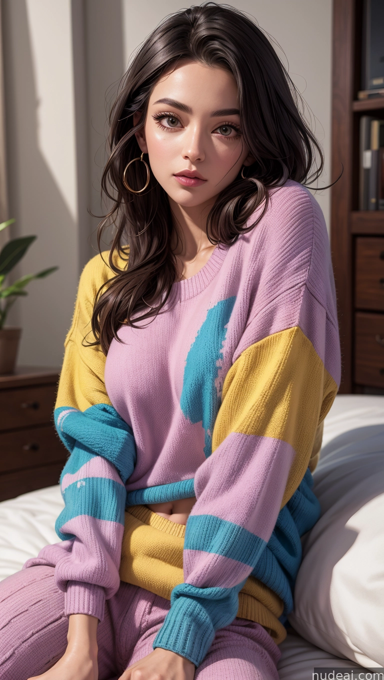 arafed woman sitting on a bed wearing a colorful sweater