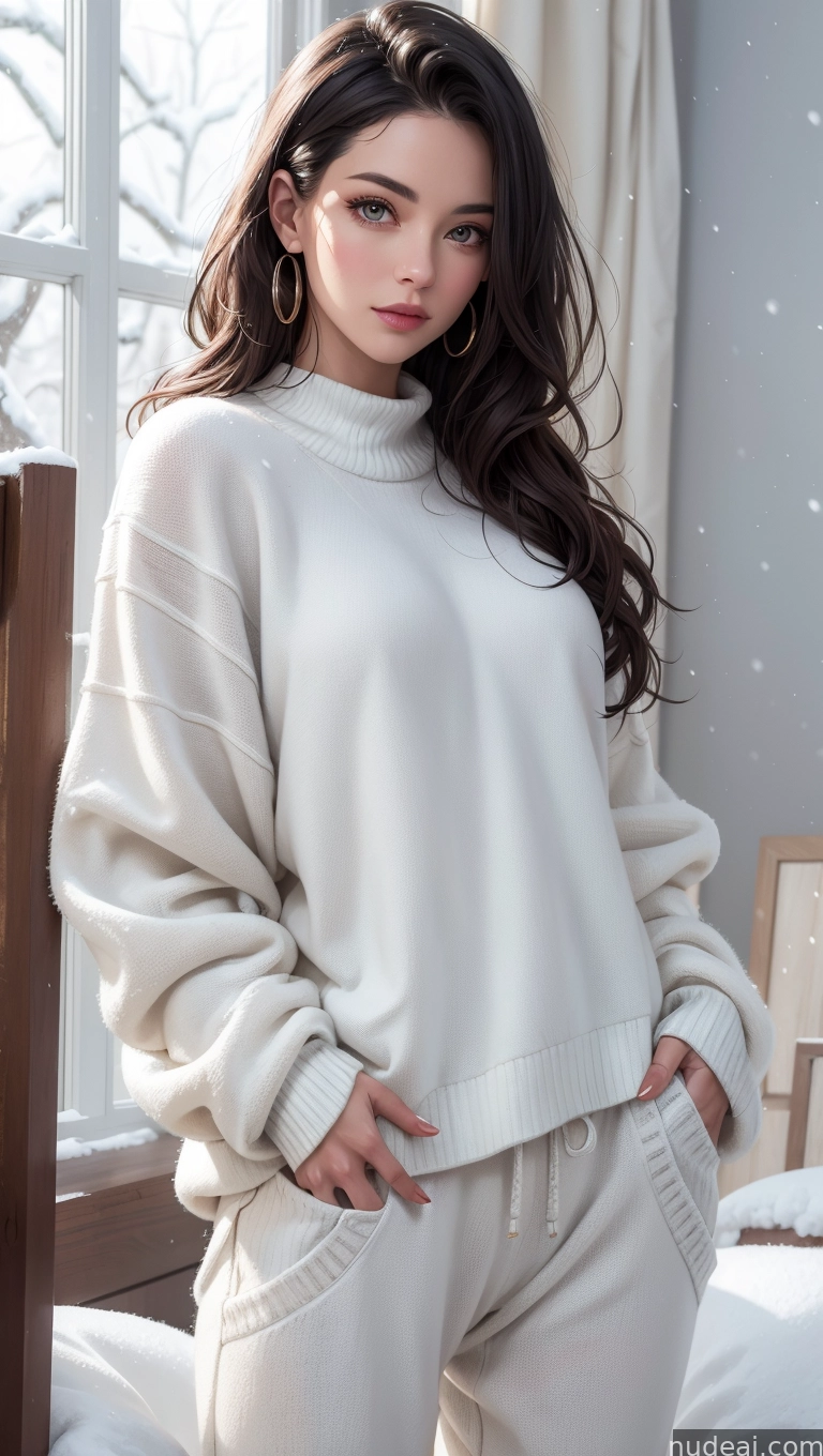 arafed woman in a white sweater and pants standing in front of a window