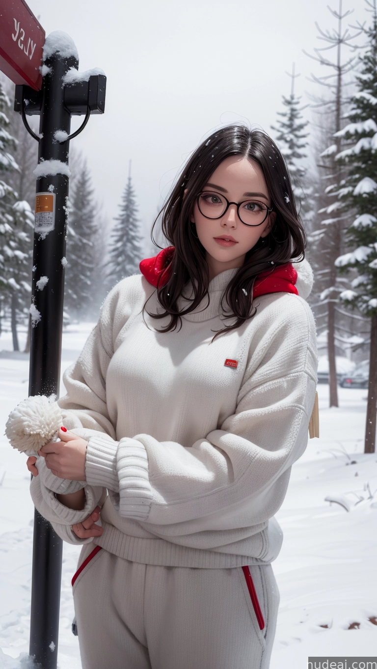 woman in glasses holding a teddy bear in front of a street sign
