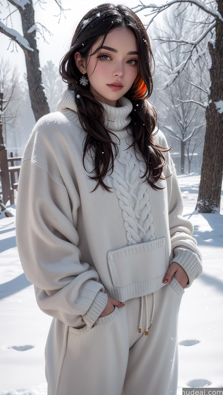 arafed woman in a white sweater and pants standing in the snow