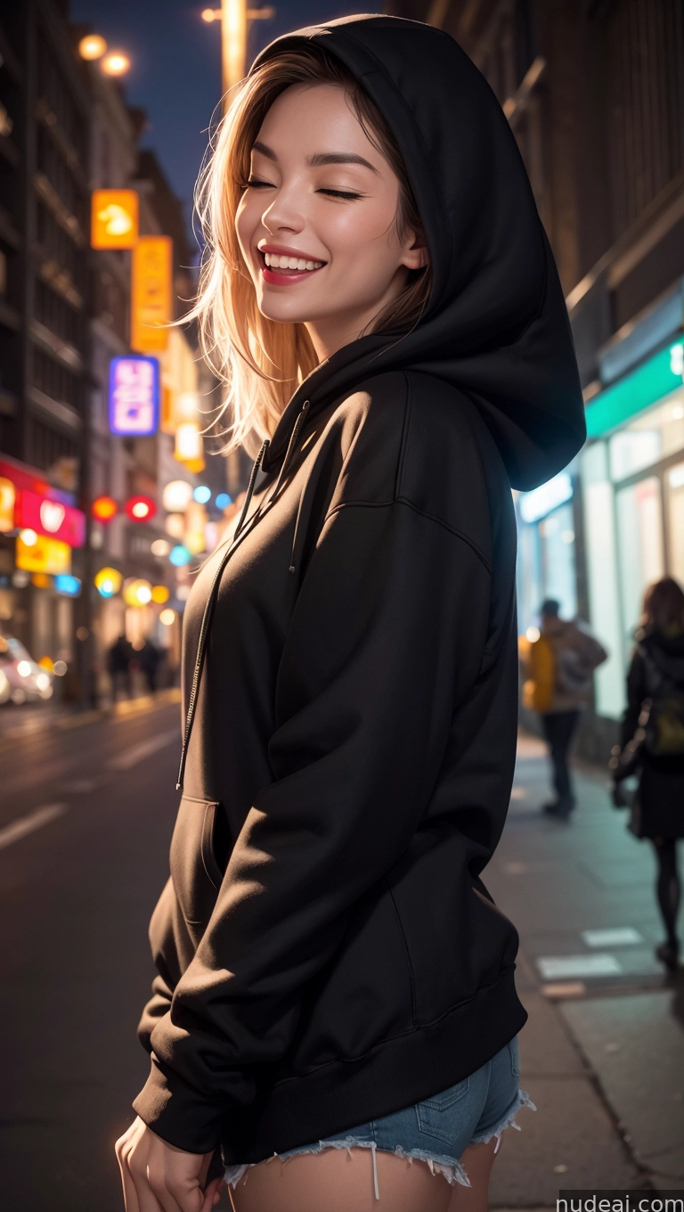 arafed woman in a black hoodie standing on a city street