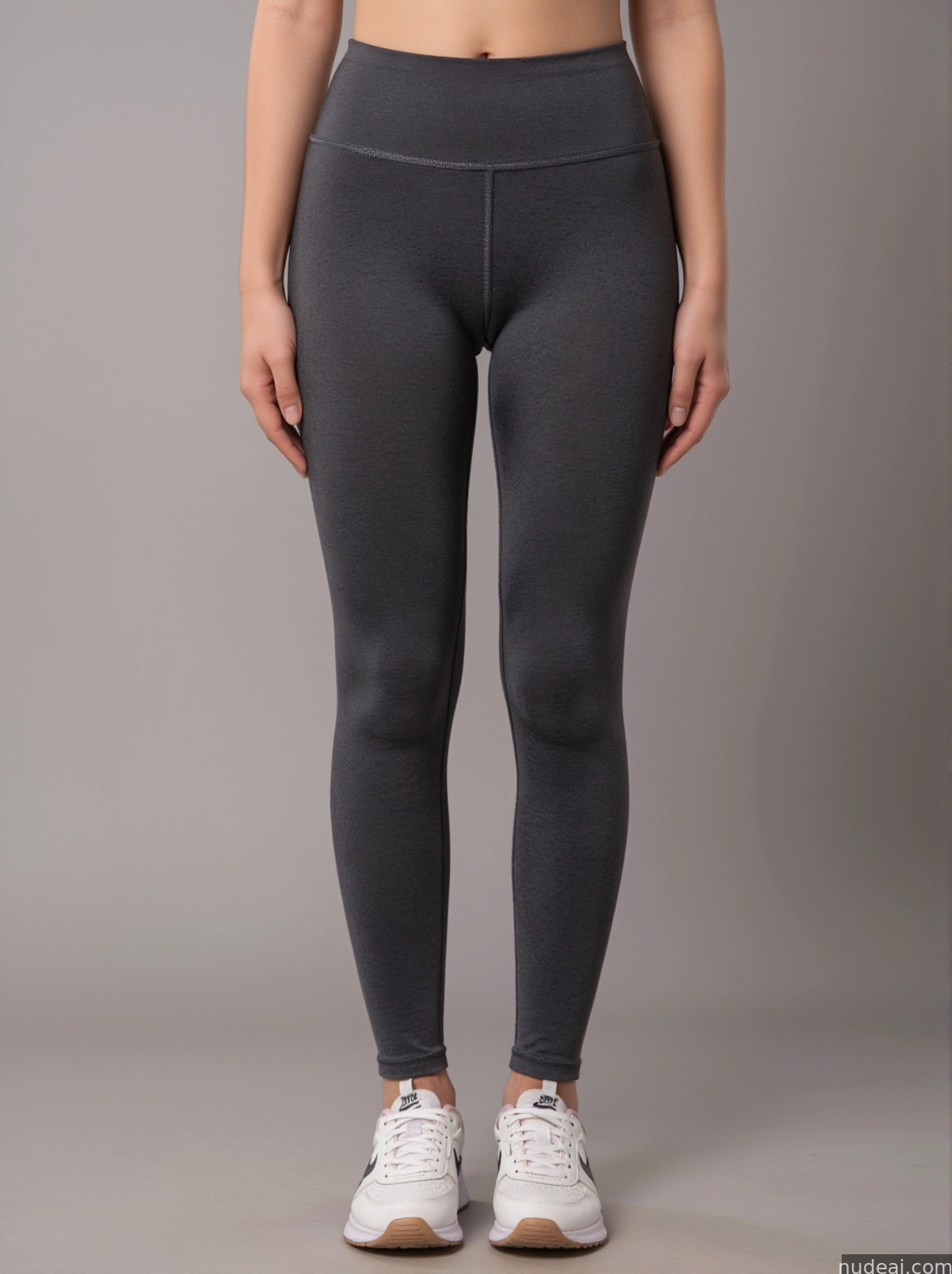 a close up of a woman in a gray sports bra top and leggings
