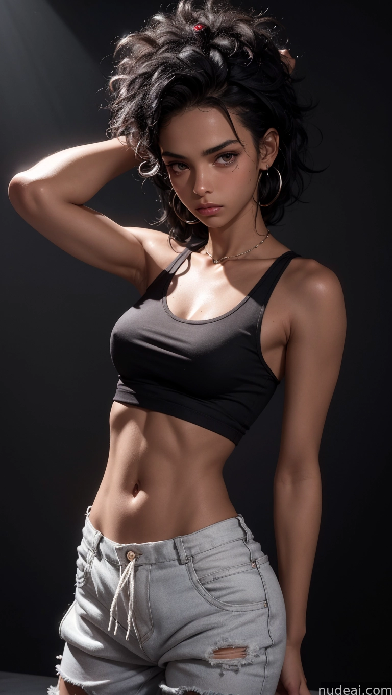arafed woman in a black top and jeans posing for a picture