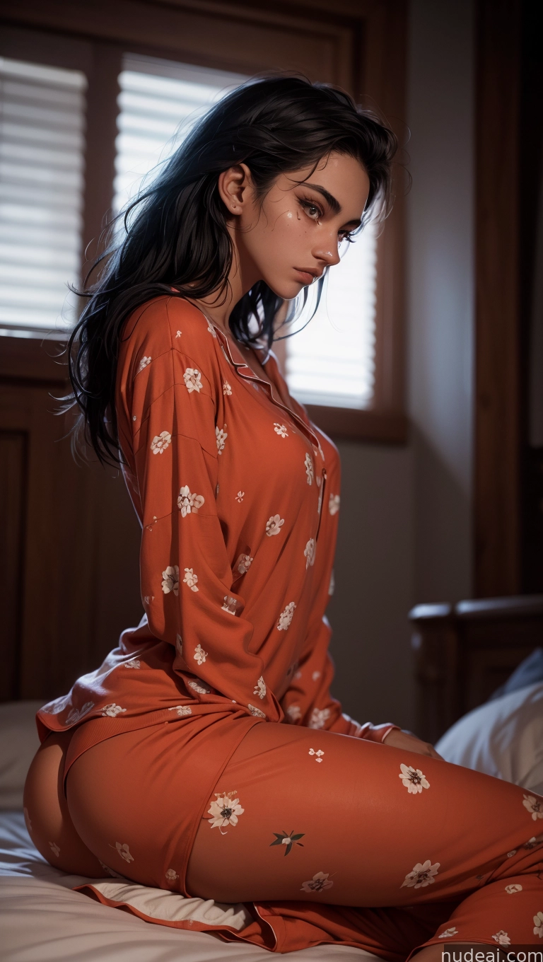 arafed woman in a red pajamas sitting on a bed