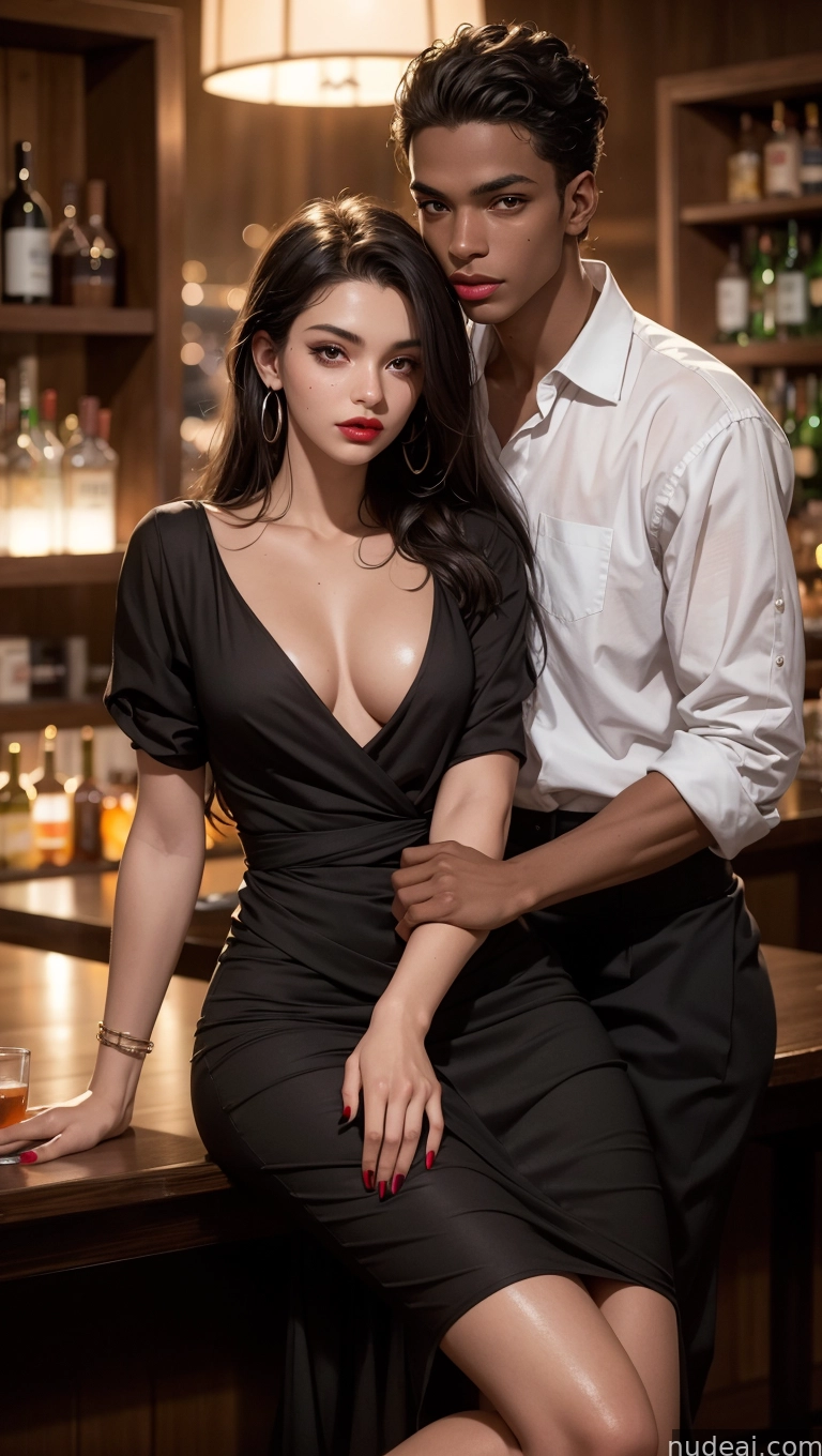 they are posing for a picture in a bar with a woman