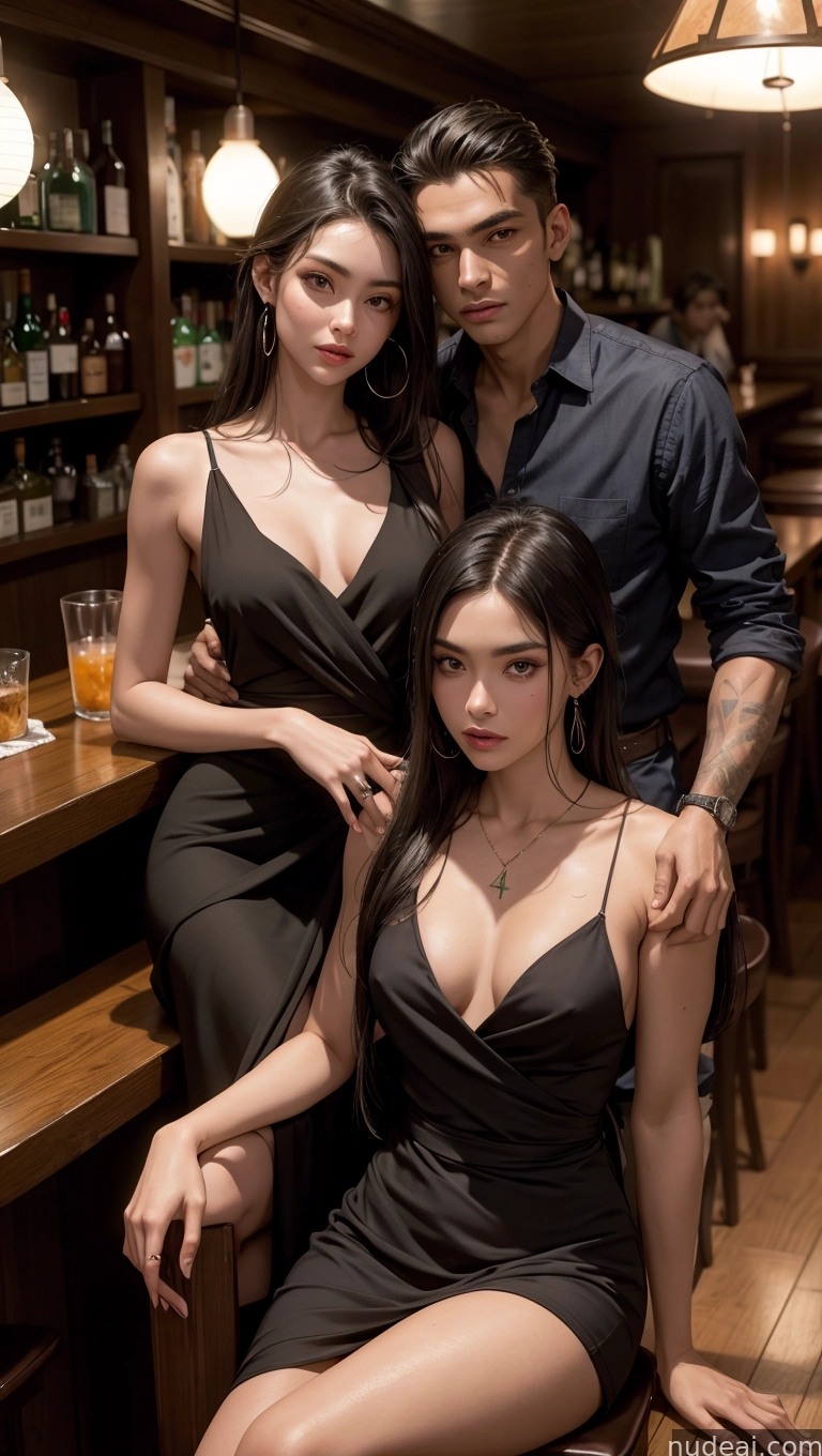 there are two people posing for a picture in a bar