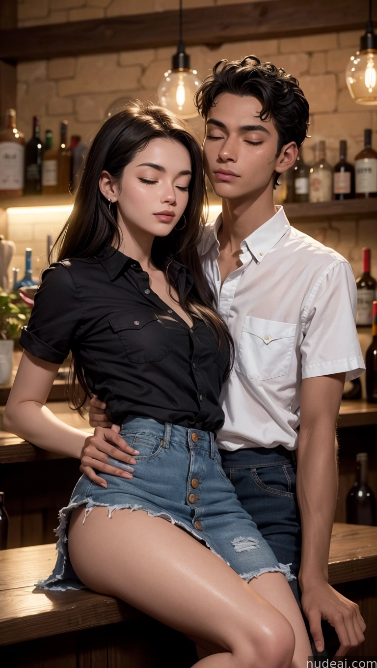 they are posing for a picture in a bar with bottles of wine