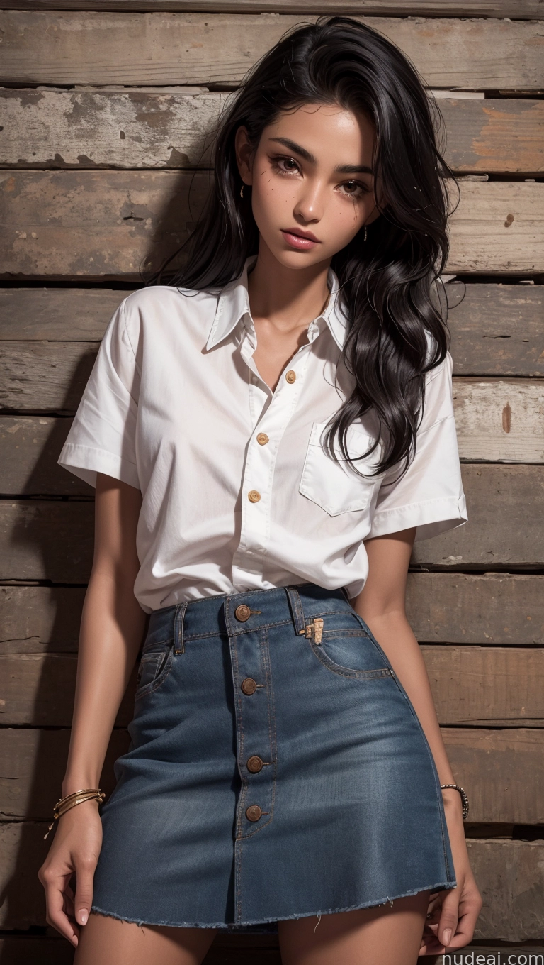 arafed woman in a white shirt and denim skirt posing for a picture