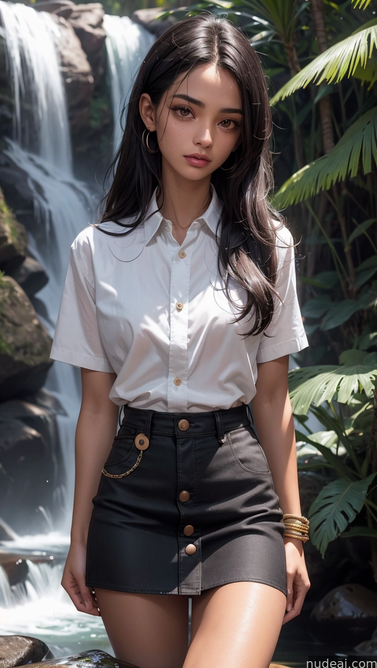 arafed woman in a white shirt and black skirt standing in front of a waterfall