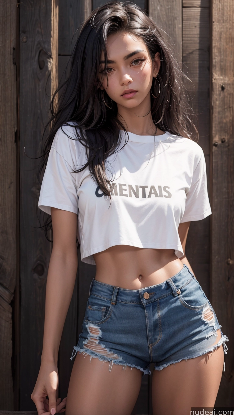 arafed woman in a white shirt and denim shorts posing for a picture