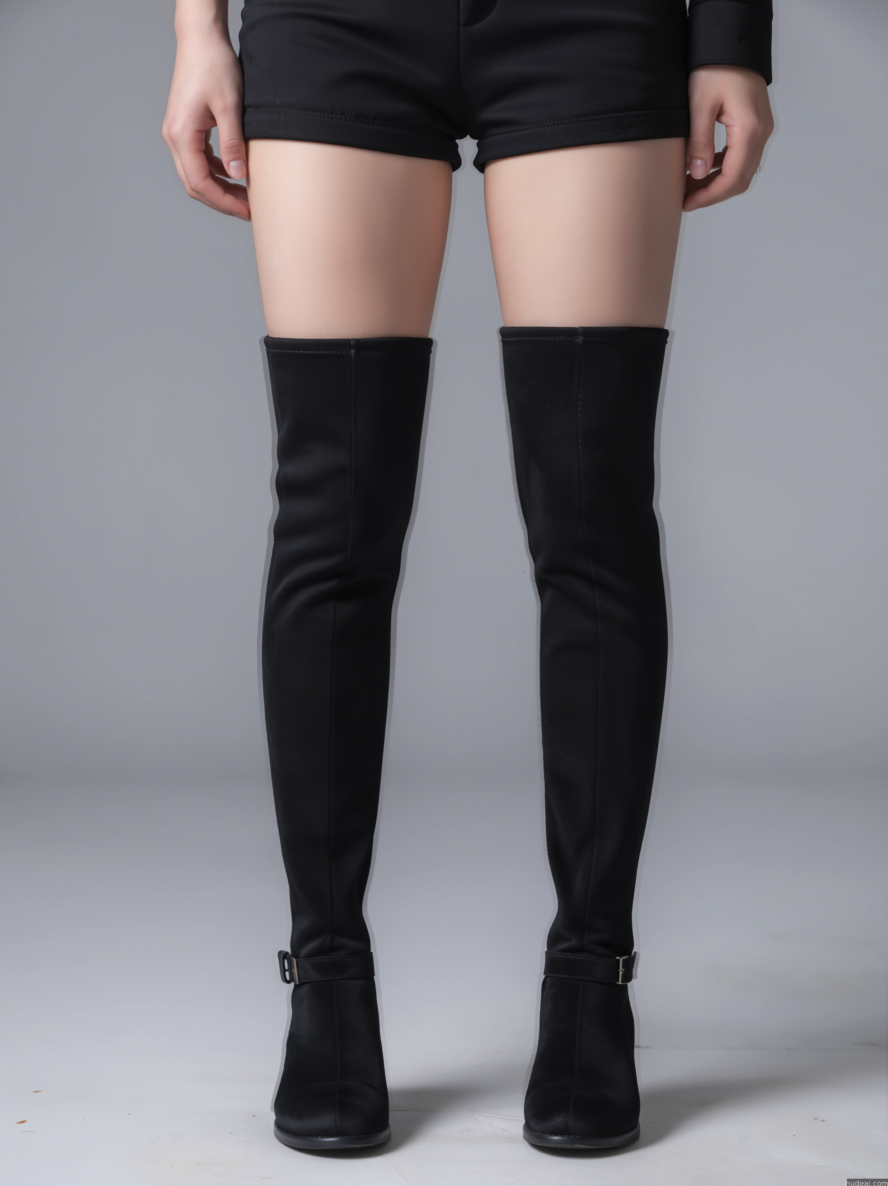 a close up of a woman wearing black thigh high boots