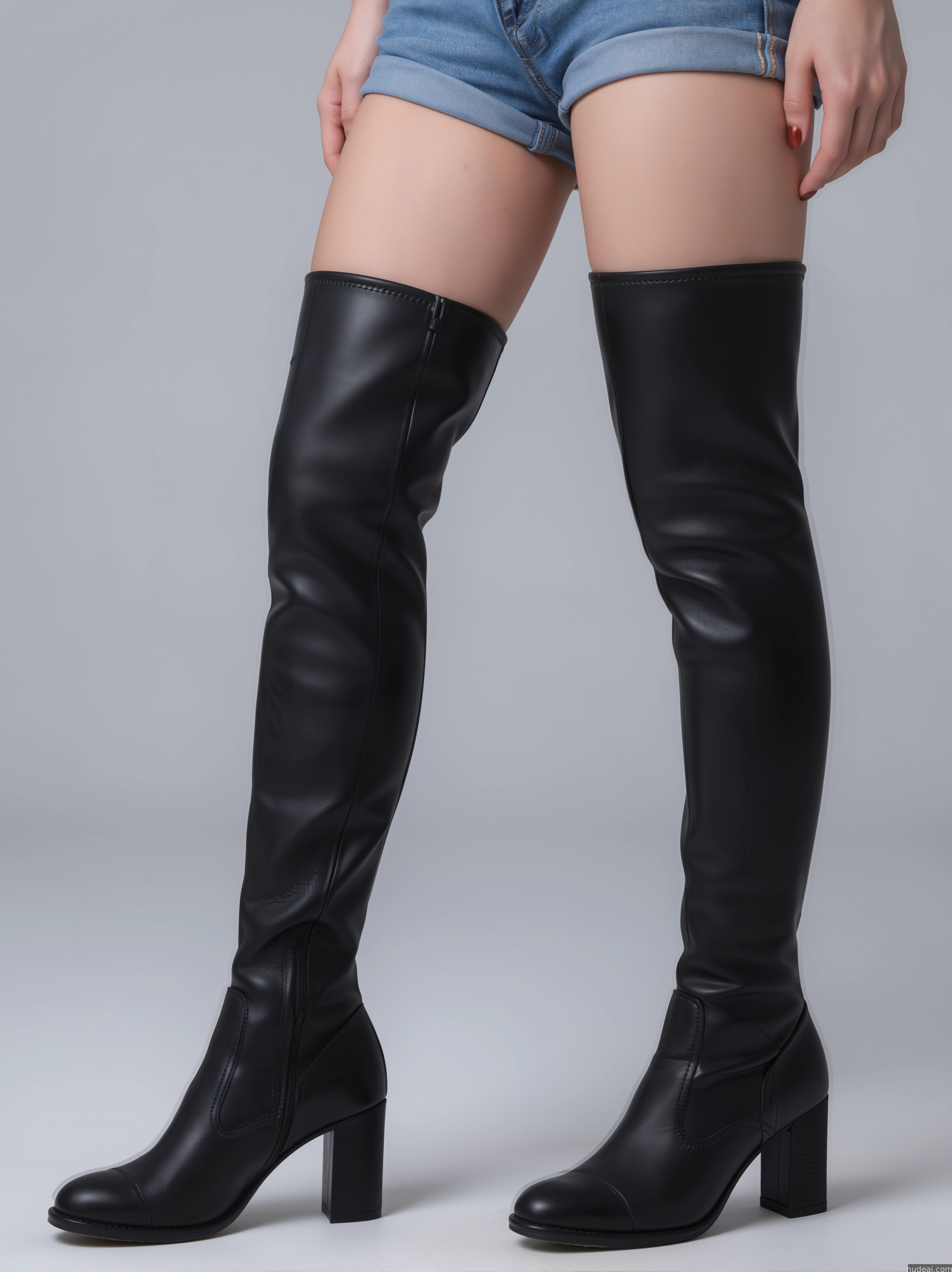 a close up of a woman wearing a pair of black boots