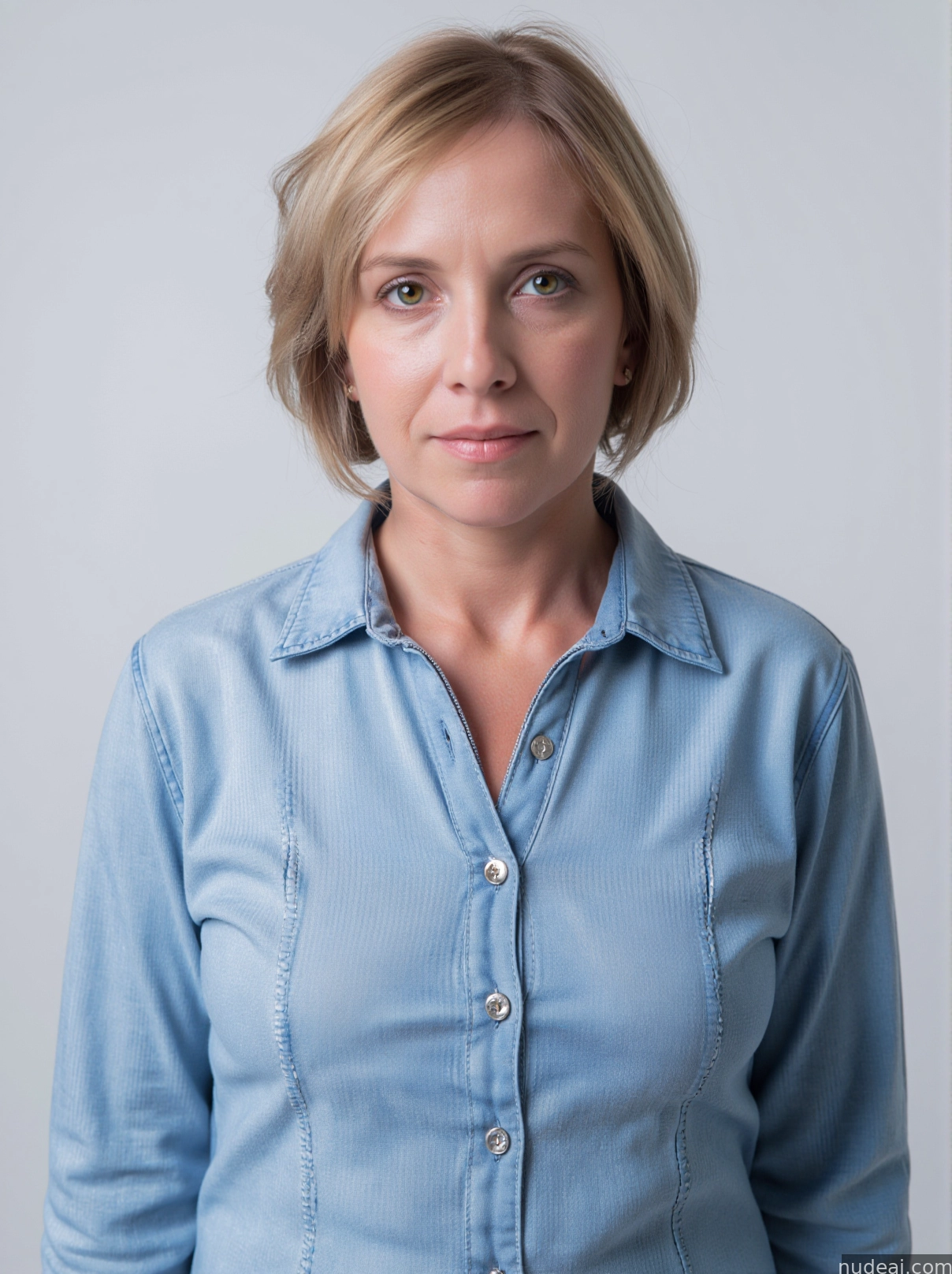 blond woman in blue shirt looking at camera with serious look