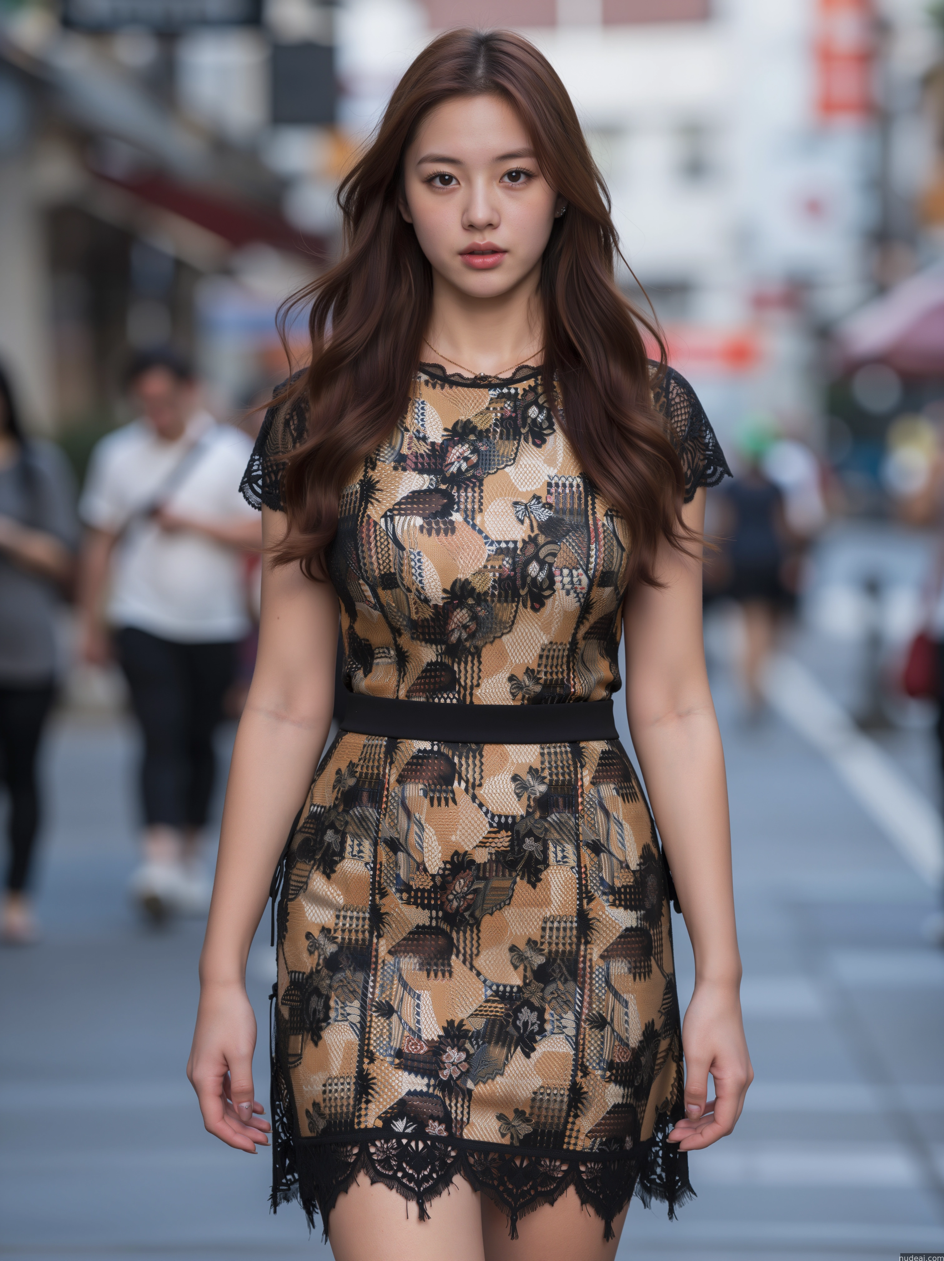 araffe woman in a dress walking down a city street