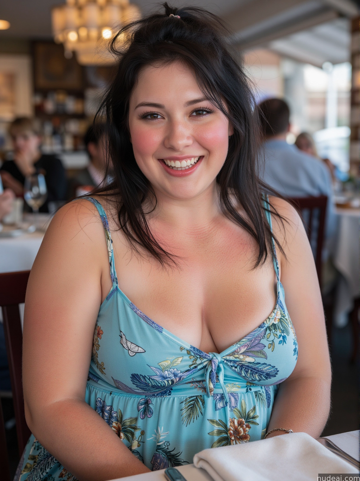 smiling woman in blue dress sitting at a table with a plate of food