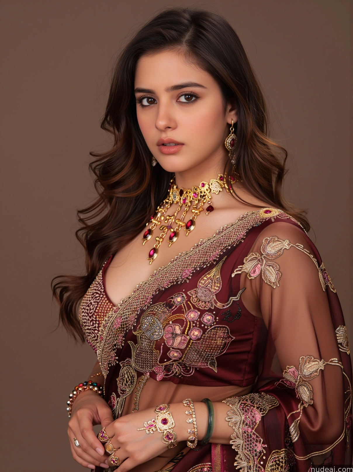 araffe woman in a maroon sari with gold jewelry