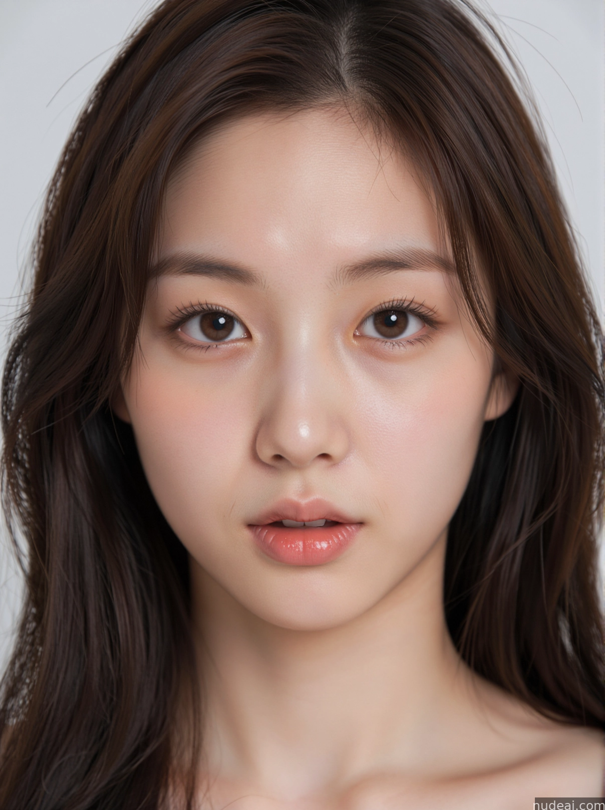 a close up of a woman with long hair and a white shirt