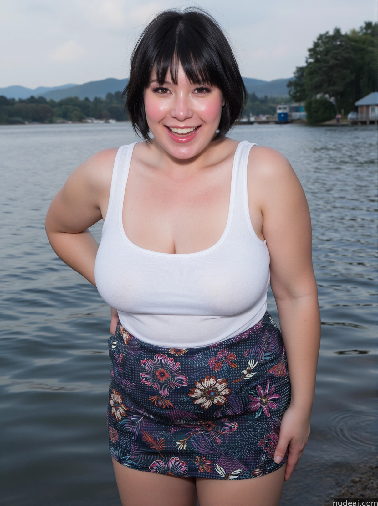 there is a woman standing in front of a body of water
