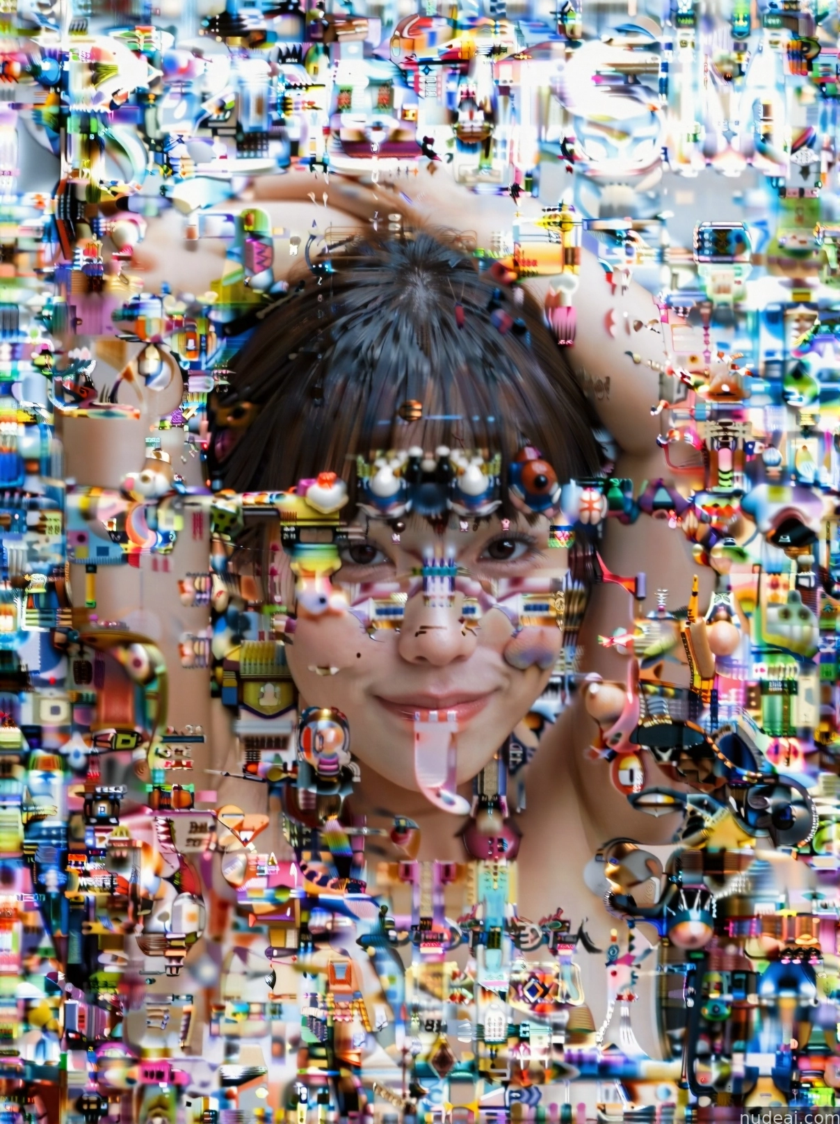 arafed image of a woman with a lot of toys on her face