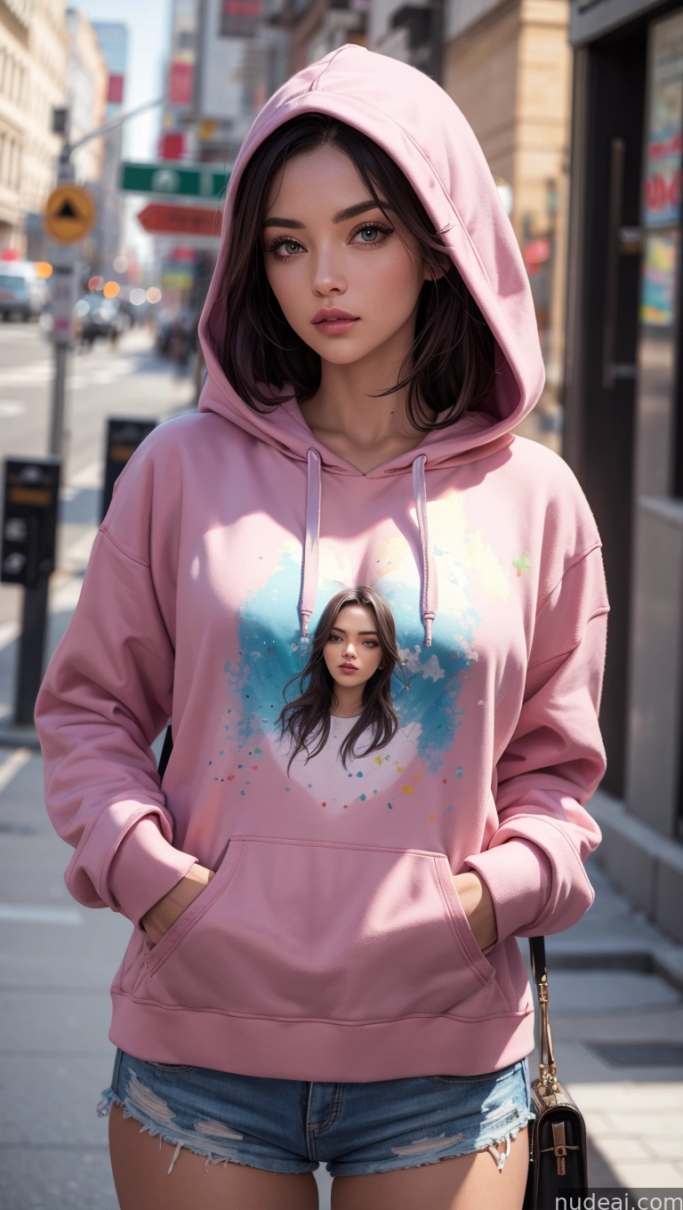 arafed woman in a pink hoodie standing on a city street