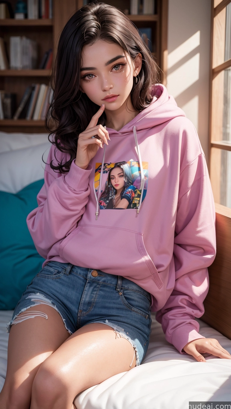 arafed woman sitting on a bed with a pink hoodie
