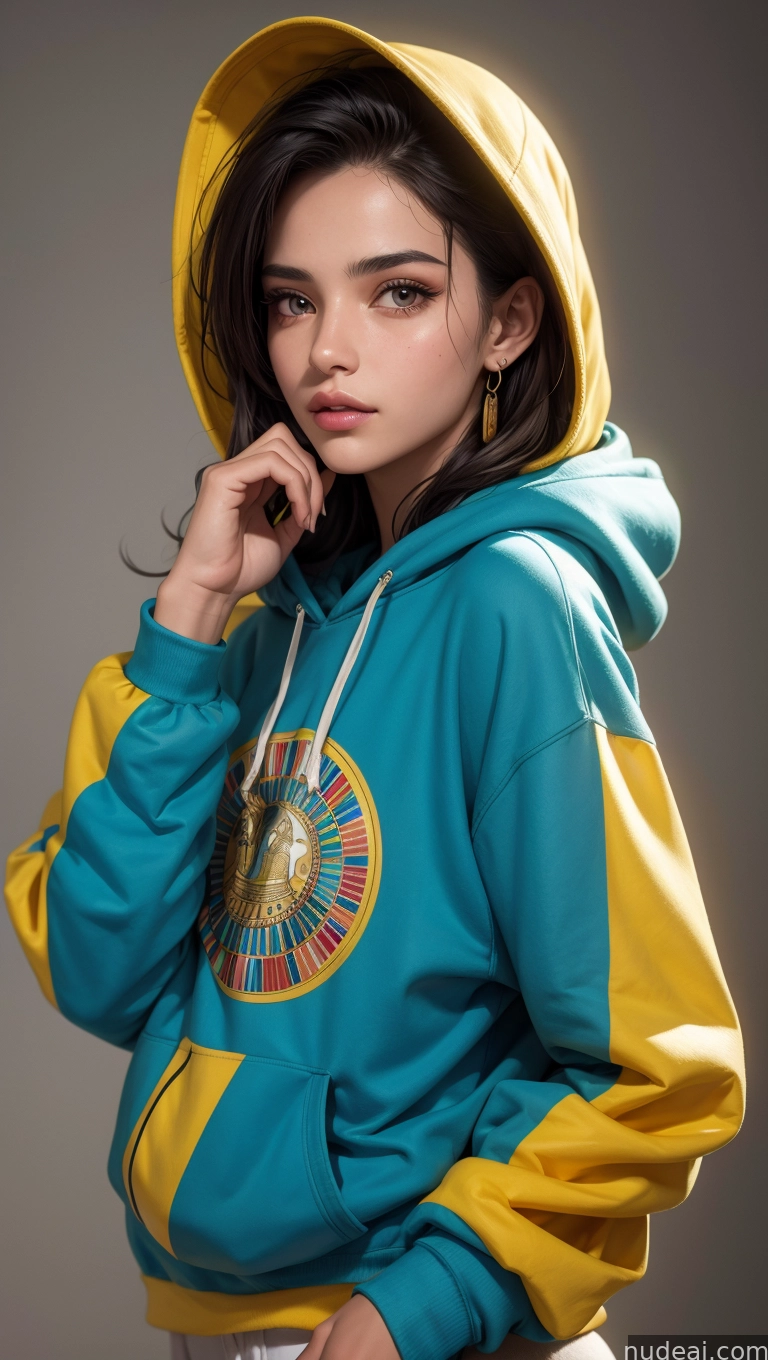arafed woman in a blue and yellow hoodie posing for a picture