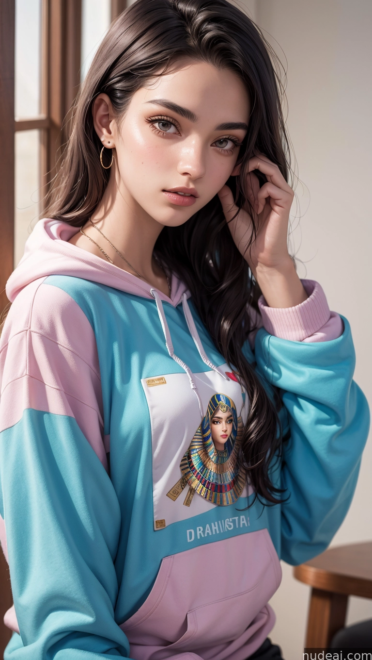 a close up of a woman wearing a pink and blue hoodie
