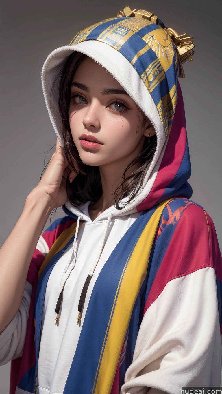arafed woman in a colorful hoodie and a white hat