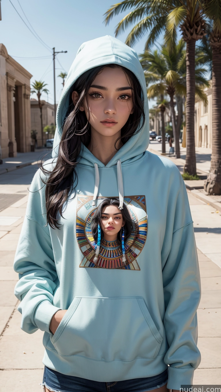arafed woman wearing a hoodie with a picture of a woman on it