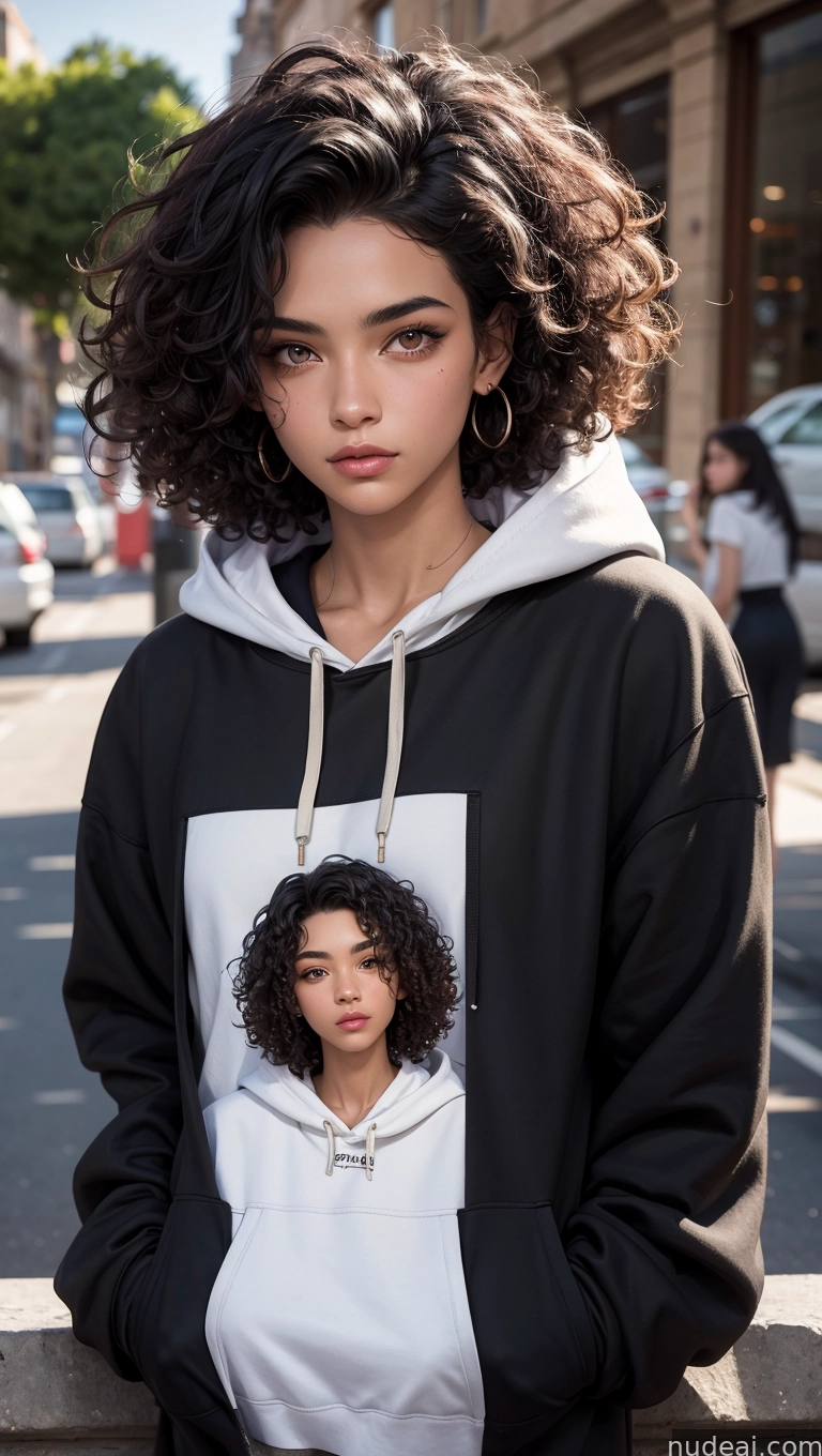 arafed woman with curly hair wearing a hoodie and a pair of hoop earrings