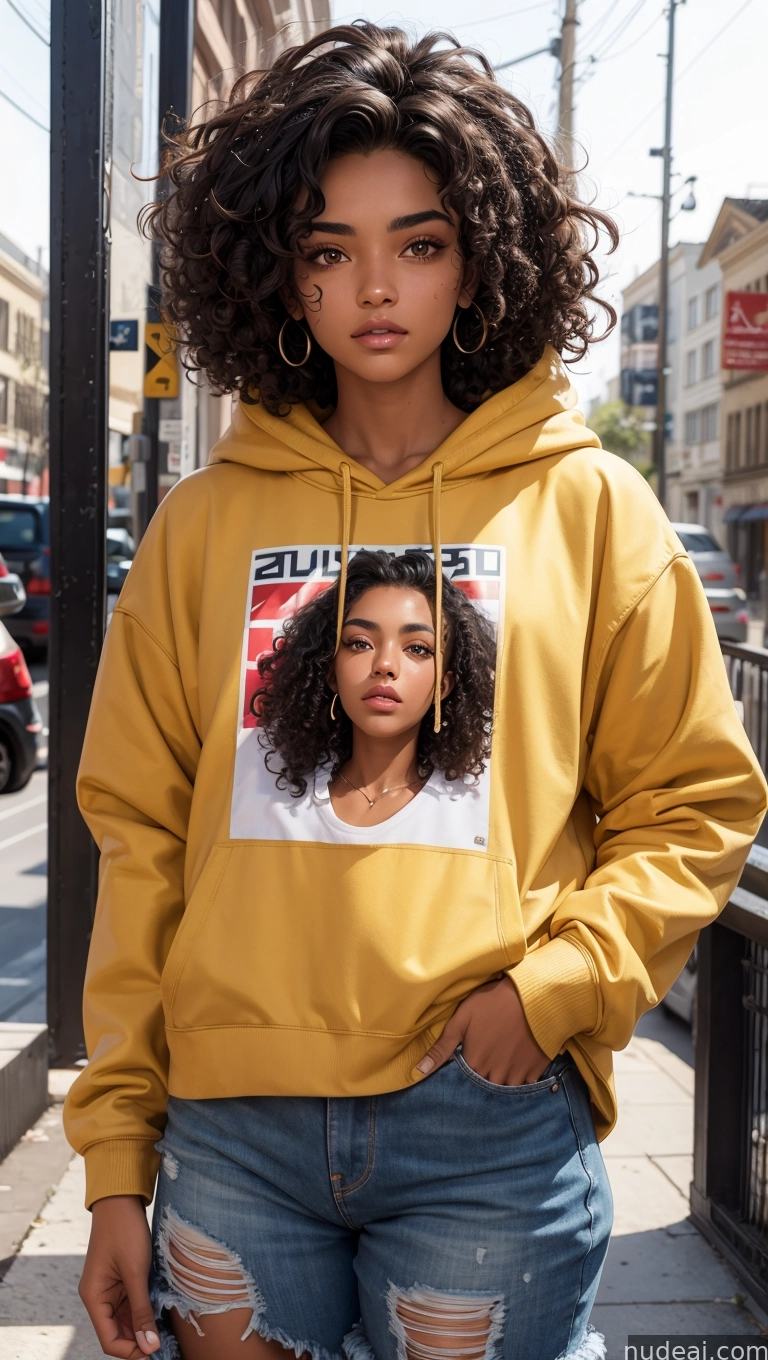 arafed woman in a yellow hoodie standing on a city street