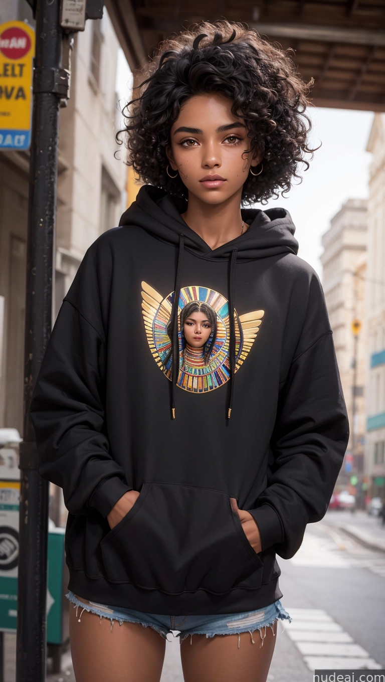arafed woman in a black hoodie standing on a city street