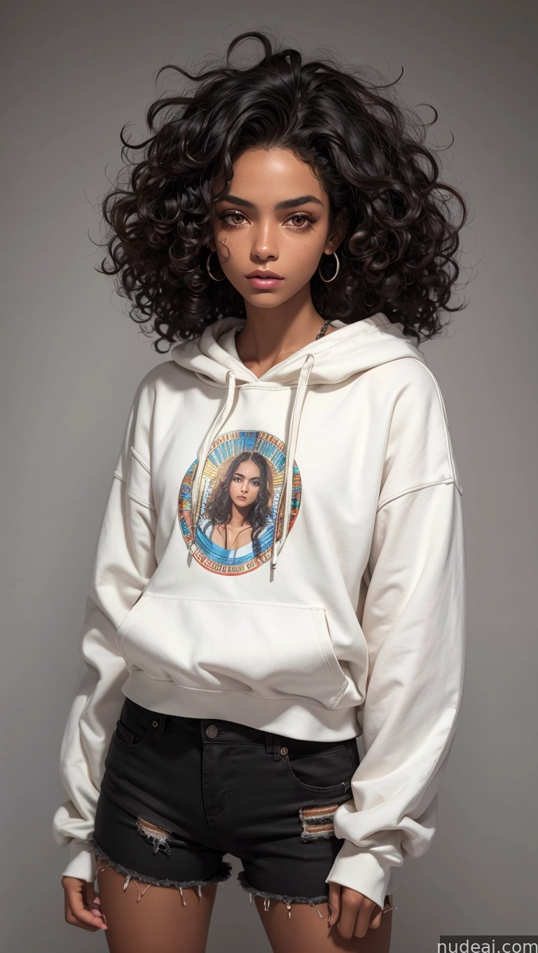 a close up of a woman wearing a white hoodie and ripped shorts