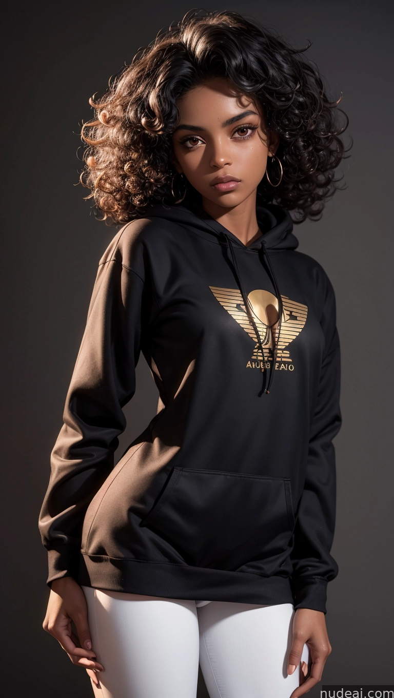 a woman in a black hoodie with a golden eagle on it