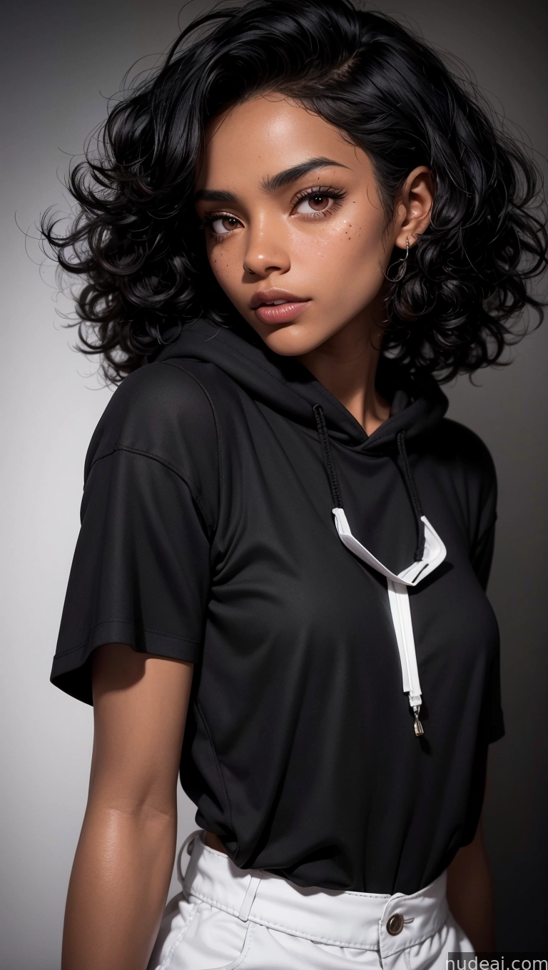 arafed woman with a black shirt and white pants posing for a picture