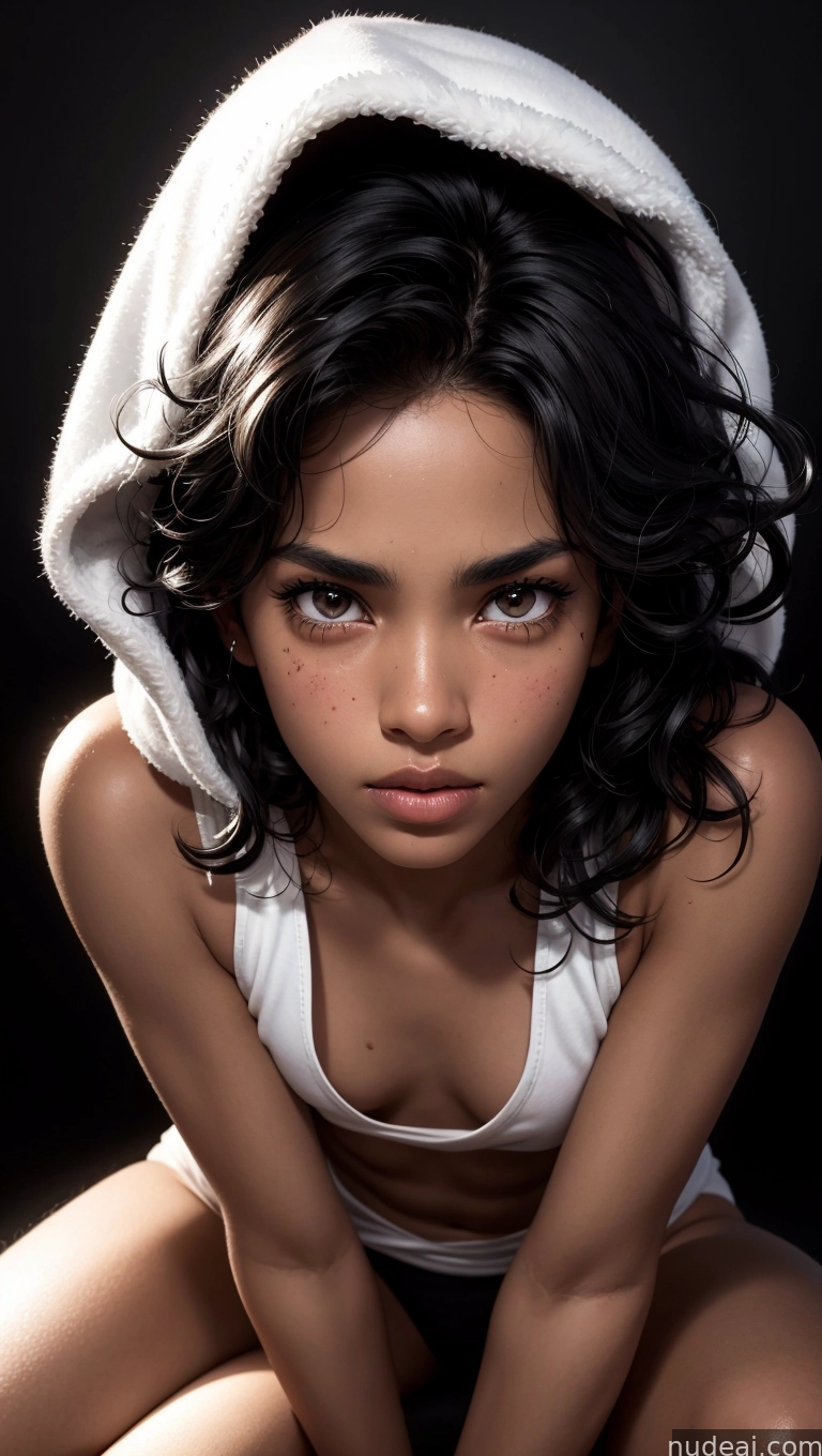 arafed woman in a white tank top and a white towel