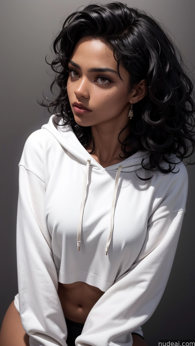 arafed woman in a white hoodie posing for a picture