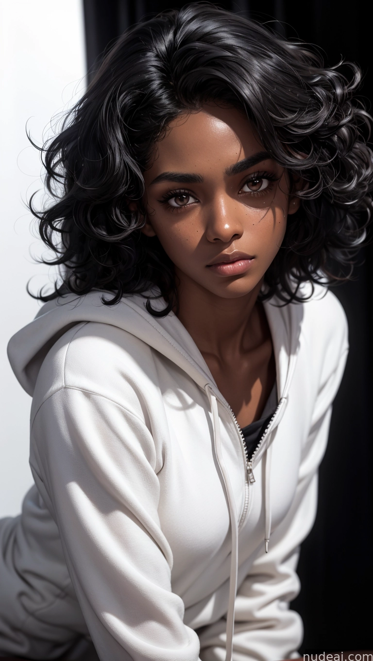 arafed woman with a white hoodie sitting on a bed
