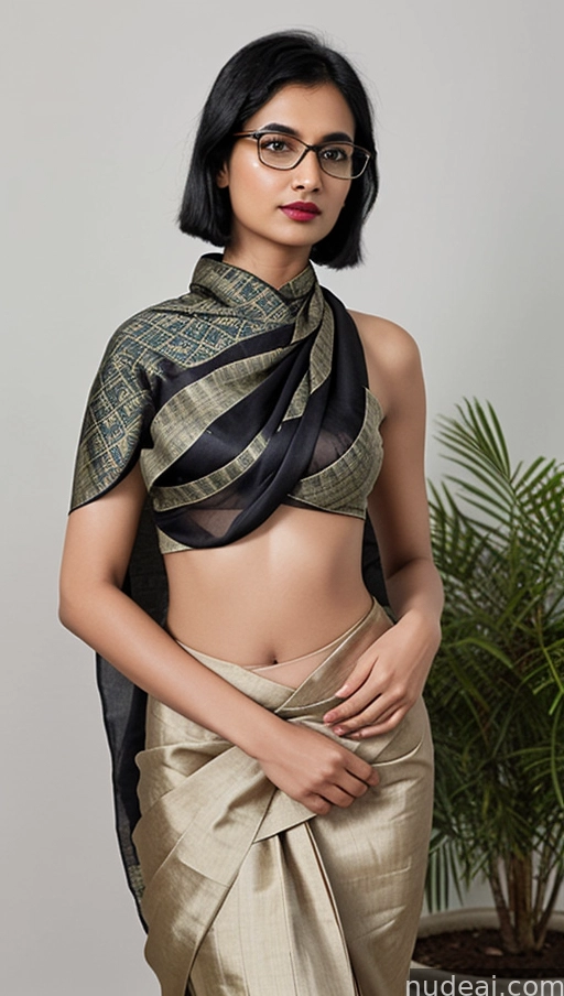 woman in a sari posing for a picture with a plant in the background