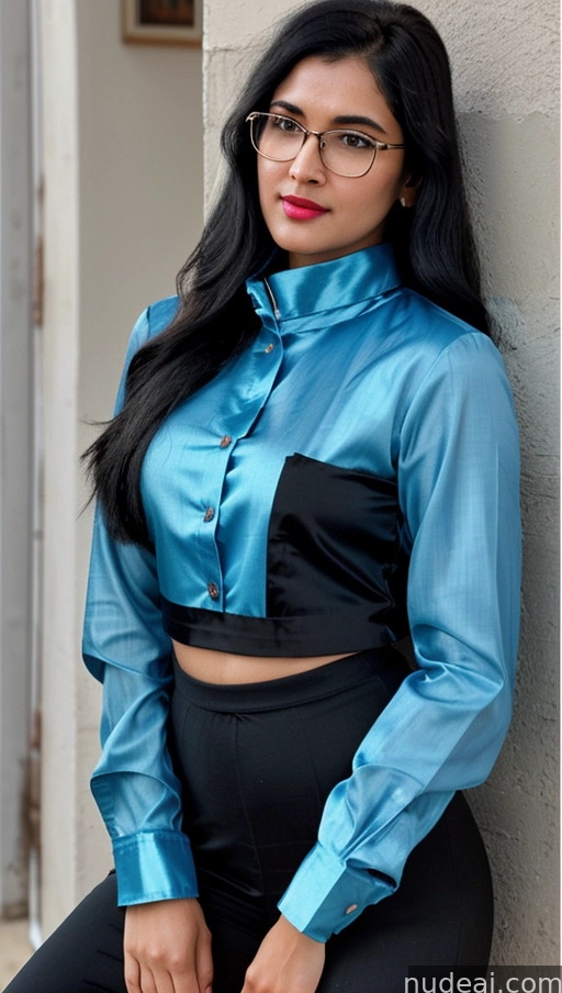 arafed woman wearing glasses and a blue shirt leaning against a wall